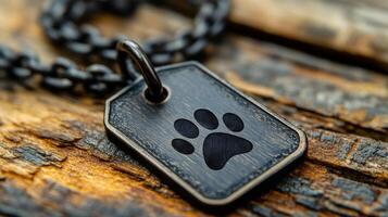 A dog paw print is on a metal tag photo