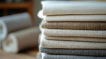A stack of linen and towels on a wooden table photo