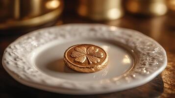 A gold coin on a plate with a gold leaf photo