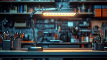 A desk with a lamp and a variety of tools photo