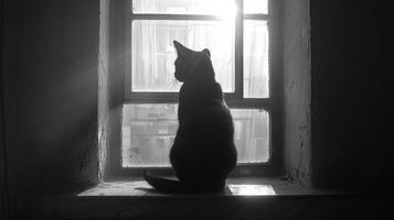 un gato sentado en frente de un ventana foto