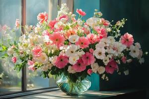 A vase filled with pink and white flowers sitting on a window sill photo