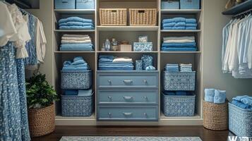 A blue and white closet with baskets and towels photo