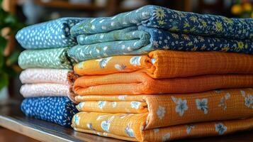 A stack of folded blankets on a table photo