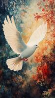 A painting of a white dove flying through the air photo