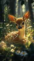 A cute little fawn laying in the grass photo