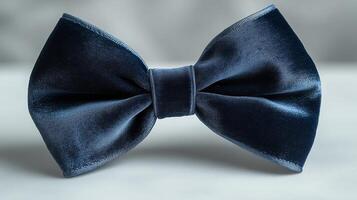 A dark blue bow tie on a white surface photo