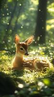 A baby deer is sitting in the woods photo