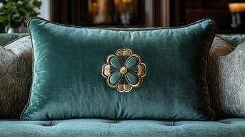 A green velvet cushion with a gold flower on it photo