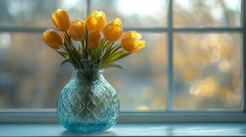 A vase with yellow tulips sitting on a window sill photo