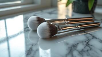 Two brushes sit on a marble counter photo