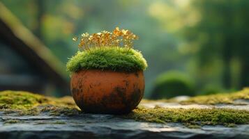 A small orange pot with moss on top photo