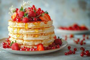 A stack of pancakes with berries and syrup photo