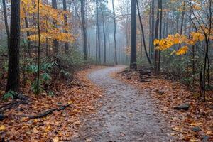 A path in the woods with leaves and fog photo