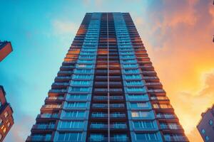 Tall building with windows and sky at sunset photo