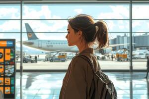 A woman is looking at an airplane at an airport photo