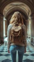 A woman with a backpack standing in an archway photo
