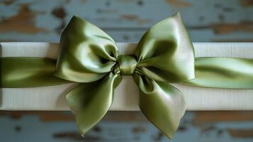 A green bow tied to a white gift box photo