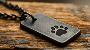 A dog paw print is on a metal tag photo