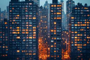 The city at night with tall buildings lit up photo