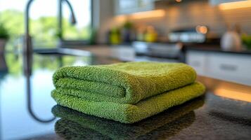A green towel on a kitchen counter photo