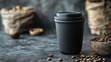 Coffee beans and a black cup on a table photo
