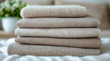 Neutral toned folded blankets stacked neatly on a table in a cozy living room setting photo