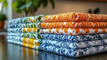 Colorful textiles stacked neatly showcasing various patterns and textures in a vibrant display photo