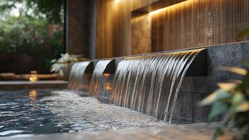 Luxurious modern villa with tranquil pool and waterfall surrounded by nature photo