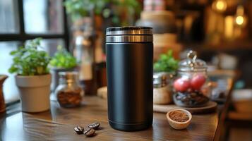 A black travel mug sitting on a wooden table photo