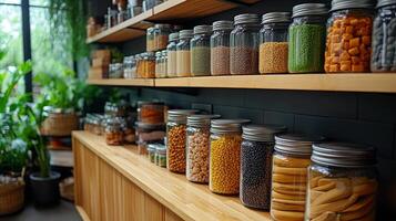 A shelf filled with jars of food and plants photo