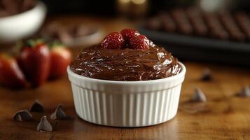 A cup of chocolate pudding with strawberries on top photo