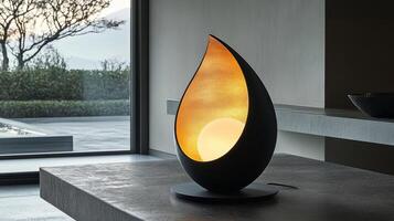 A modern lamp with a black base and yellow flame photo