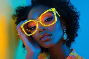 A beautiful woman with bright colored glasses photo