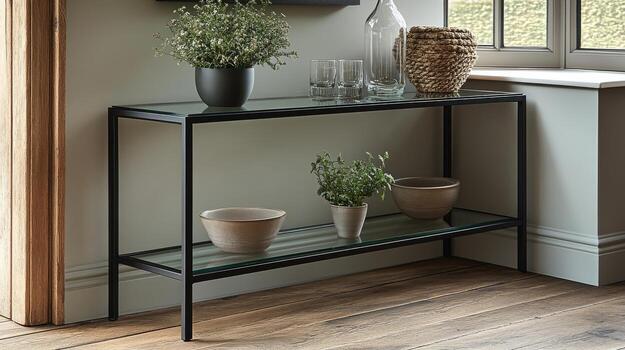A black console table with two potted plants on it photo