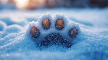 A dog paw is shown in the snow photo