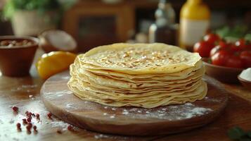 A stack of pancakes on a wooden cutting board photo