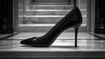 A black high heel shoe on a marble floor photo