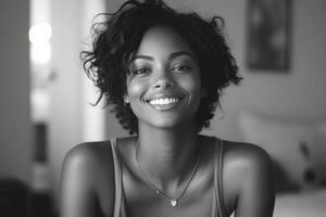 A black and white photo of a woman smiling