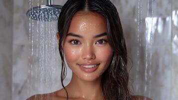 A woman is smiling while taking a shower photo