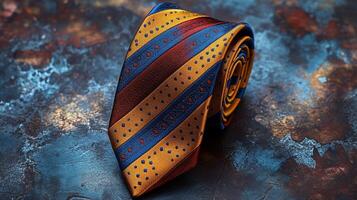 Stylish striped tie rolled up on a light background for elegant occasions and formal attire photo