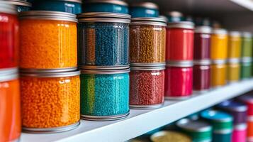 A shelf with many jars of different colored beads photo
