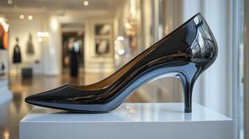 Elegant black high-heeled shoe on marble staircase with dramatic lighting at evening photo