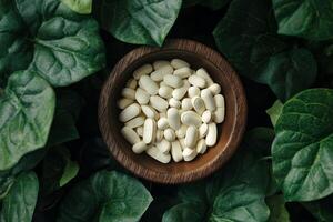 A bowl of white pills surrounded by green leaves photo
