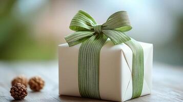 Gift box with green ribbon and pine cones on wooden table photo