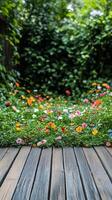 A wooden deck with flowers and a wooden floor photo