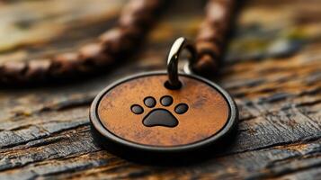 Black metal pet tag featuring a paw print design on a rustic wooden background photo