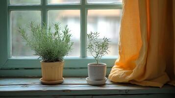 Two potted plants sit on a window sill photo