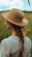 Woman in a black dress stands in a field of flowers under a blue sky with a straw hat photo