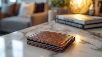 Leather wallets in various colors arranged neatly on a marble countertop in natural light photo
